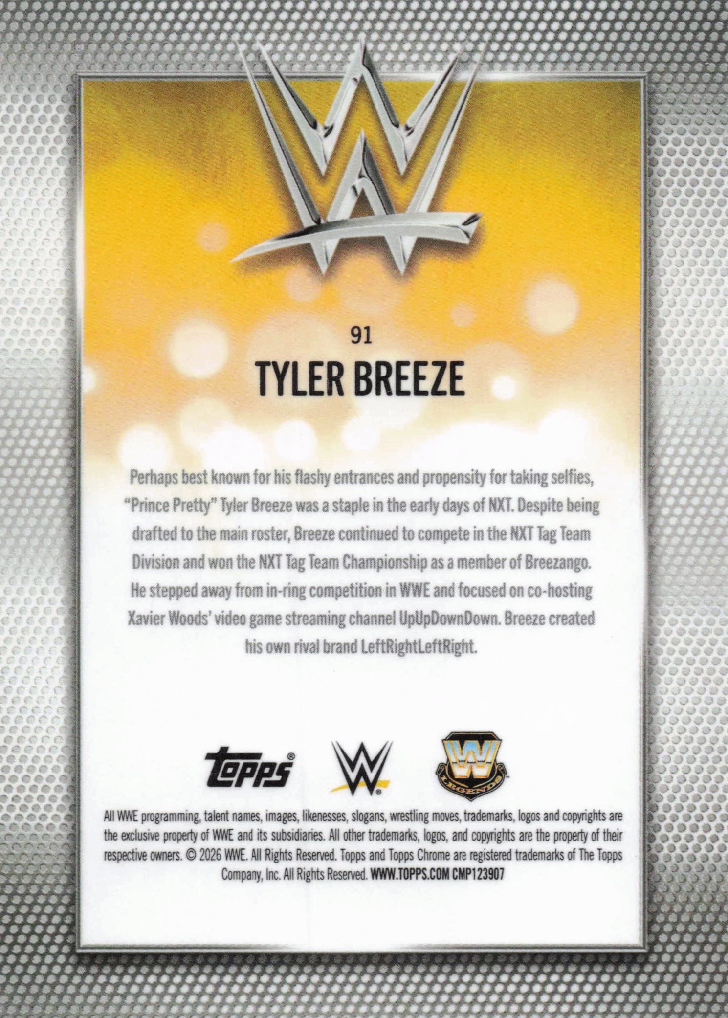 2026 Topps Chrome WWE #91 Tyler Breeze Yellow Refractor #/275