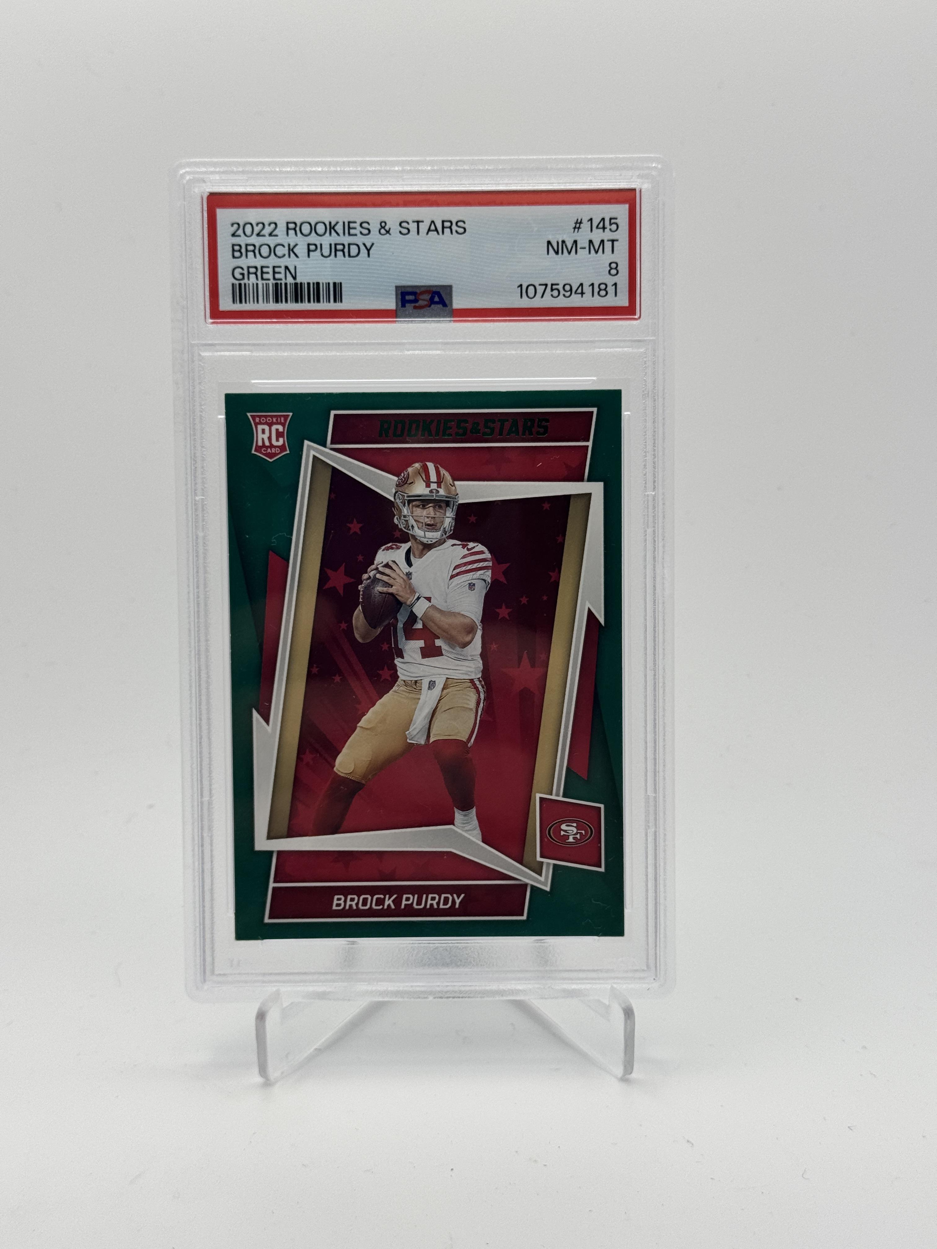 2022 Panini Rookies & Stars #145 Brock Purdy Green PSA 8.5