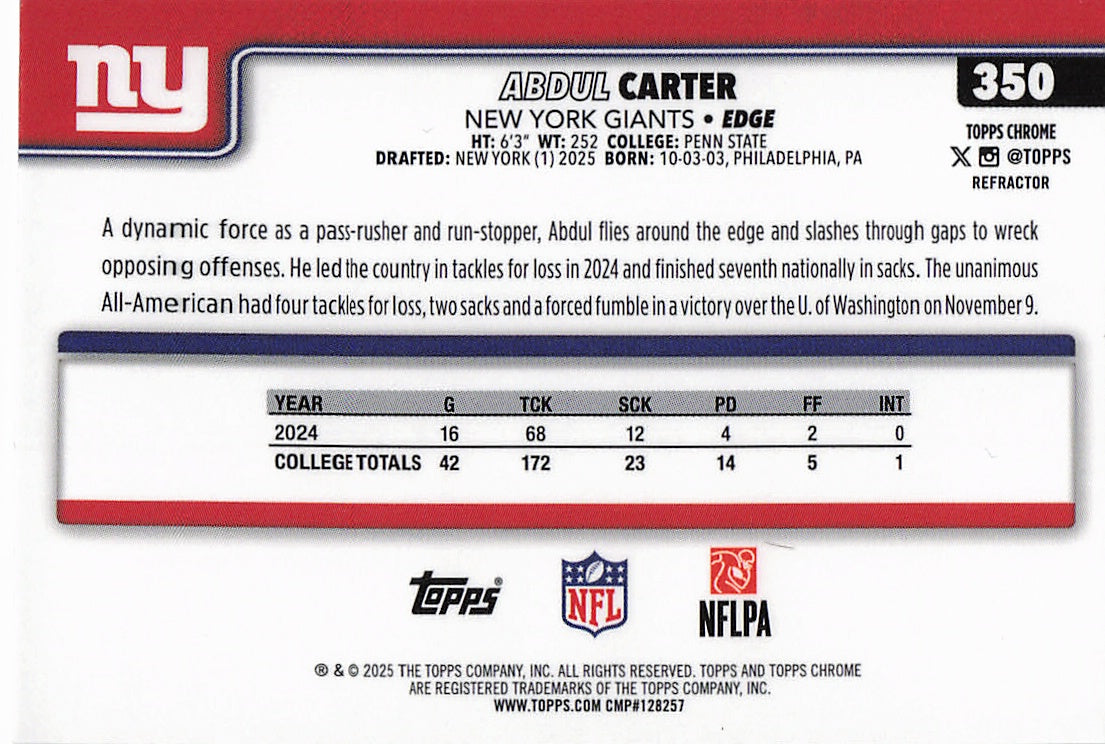 2025 Topps Chrome #350 Abdul Carter Refractor