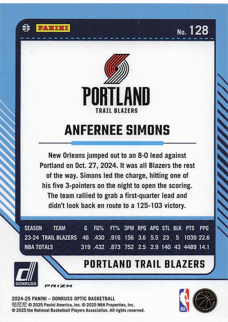2024-25 Donruss Optic #128 Anfernee Simons Holo