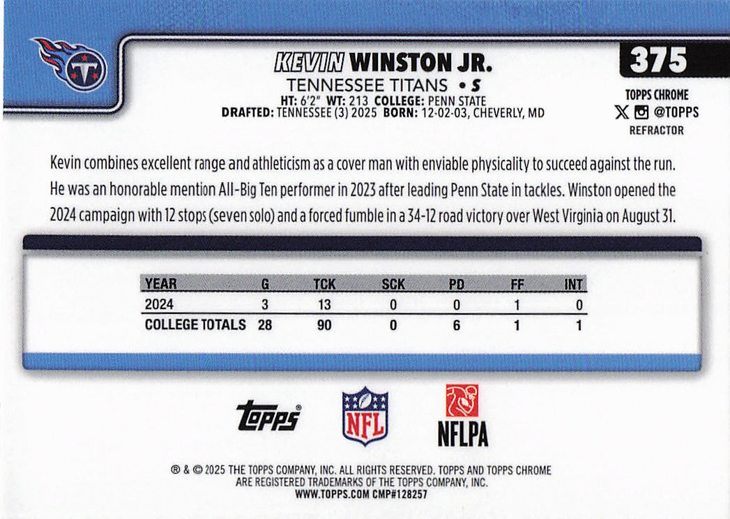 2025 Topps Chrome #375 Kevin Winston Jr. Refractor