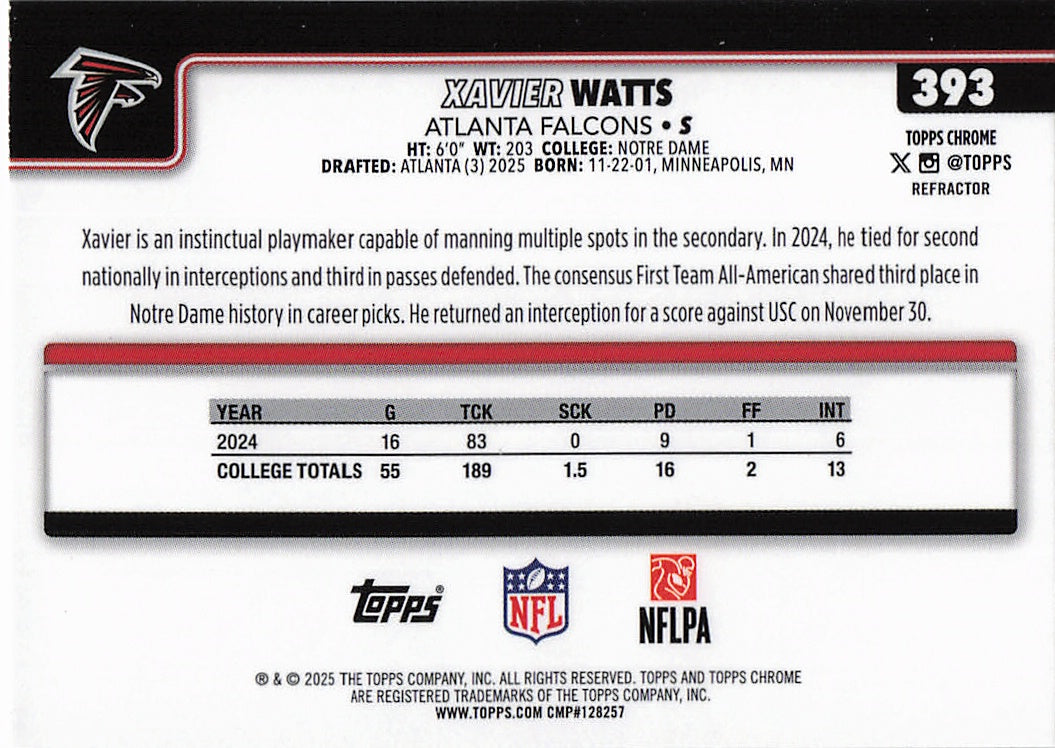 2025 Topps Chrome #393 Xavier Watts Refractor