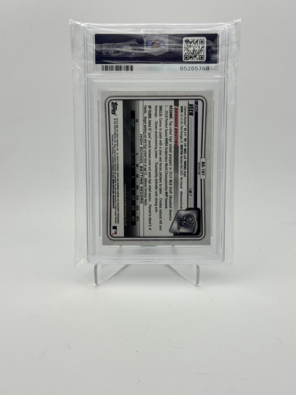 2020 Bowman Draft #BD107 Zac Veen Chrome-Refractor PSA 10