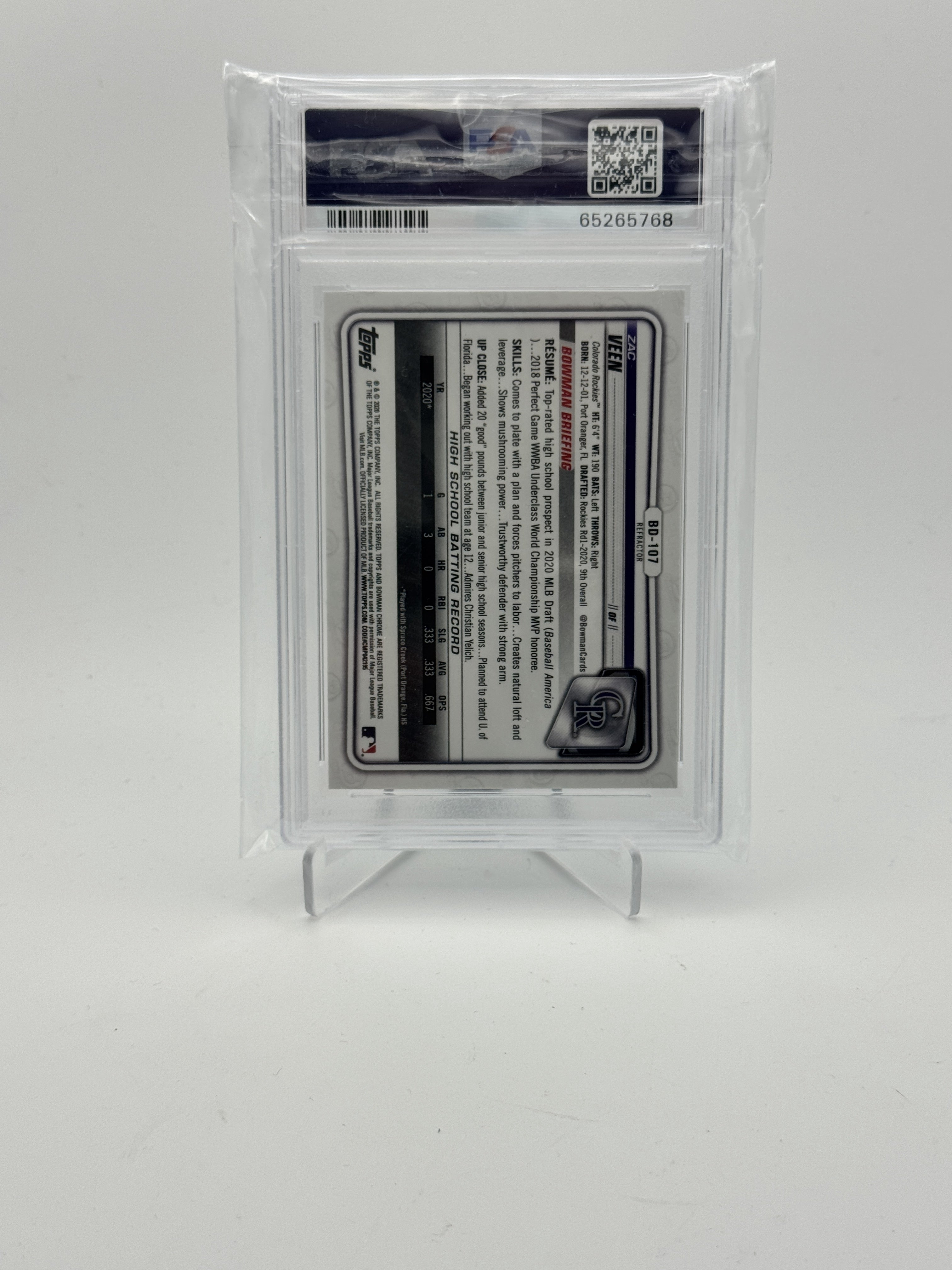 2020 Bowman Draft #BD107 Zac Veen Chrome-Refractor PSA 10