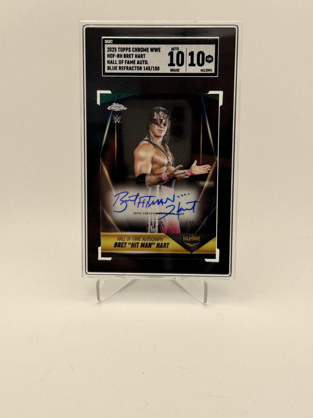 2025 Topps Chrome WWE Bret "Hit Man" Hart Hall of Fame Auto Blue #150 SGC 10