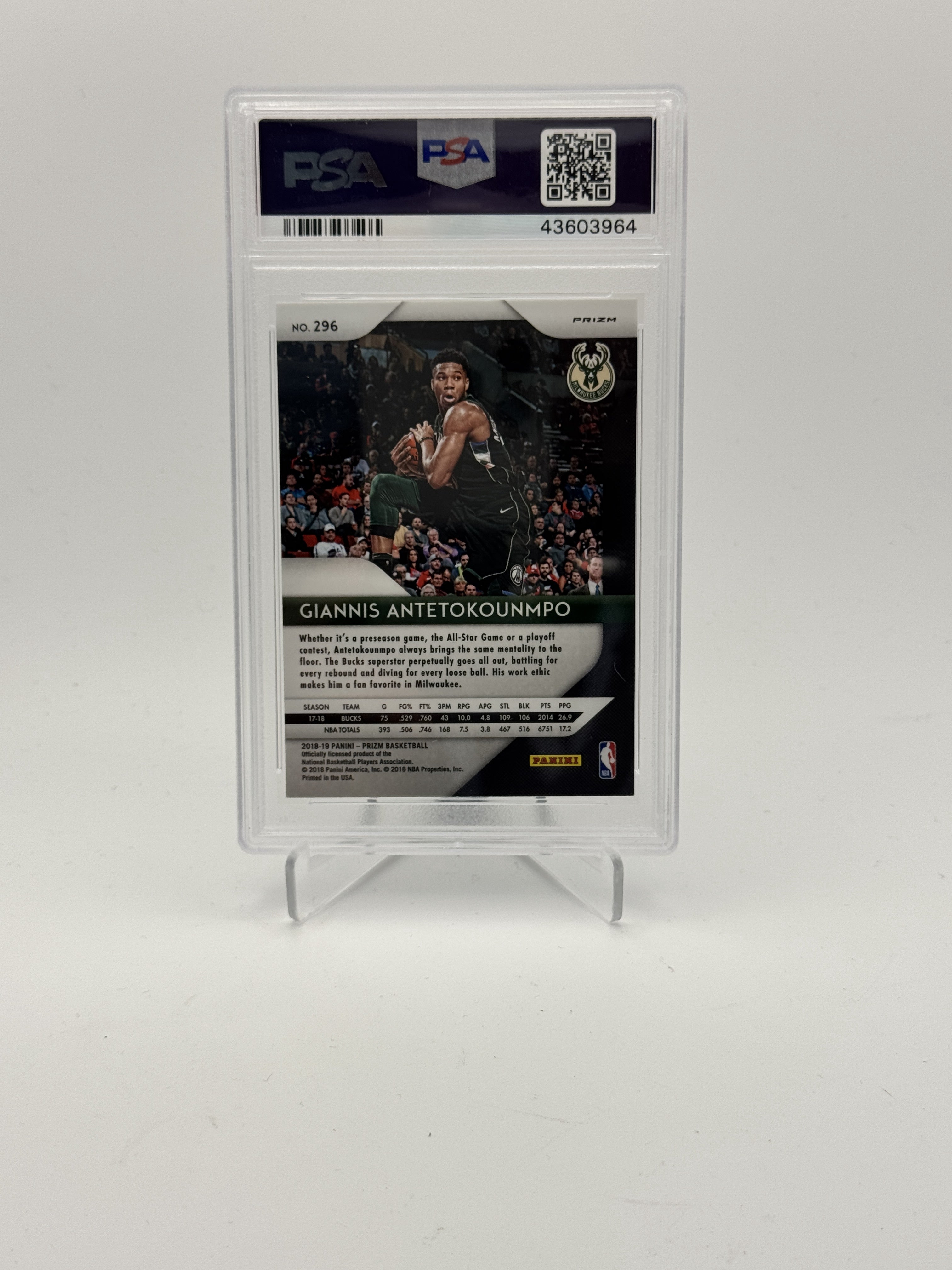 2018 Panini Prizm #296 G.Antetokounmpo Silver Prizm PSA 10