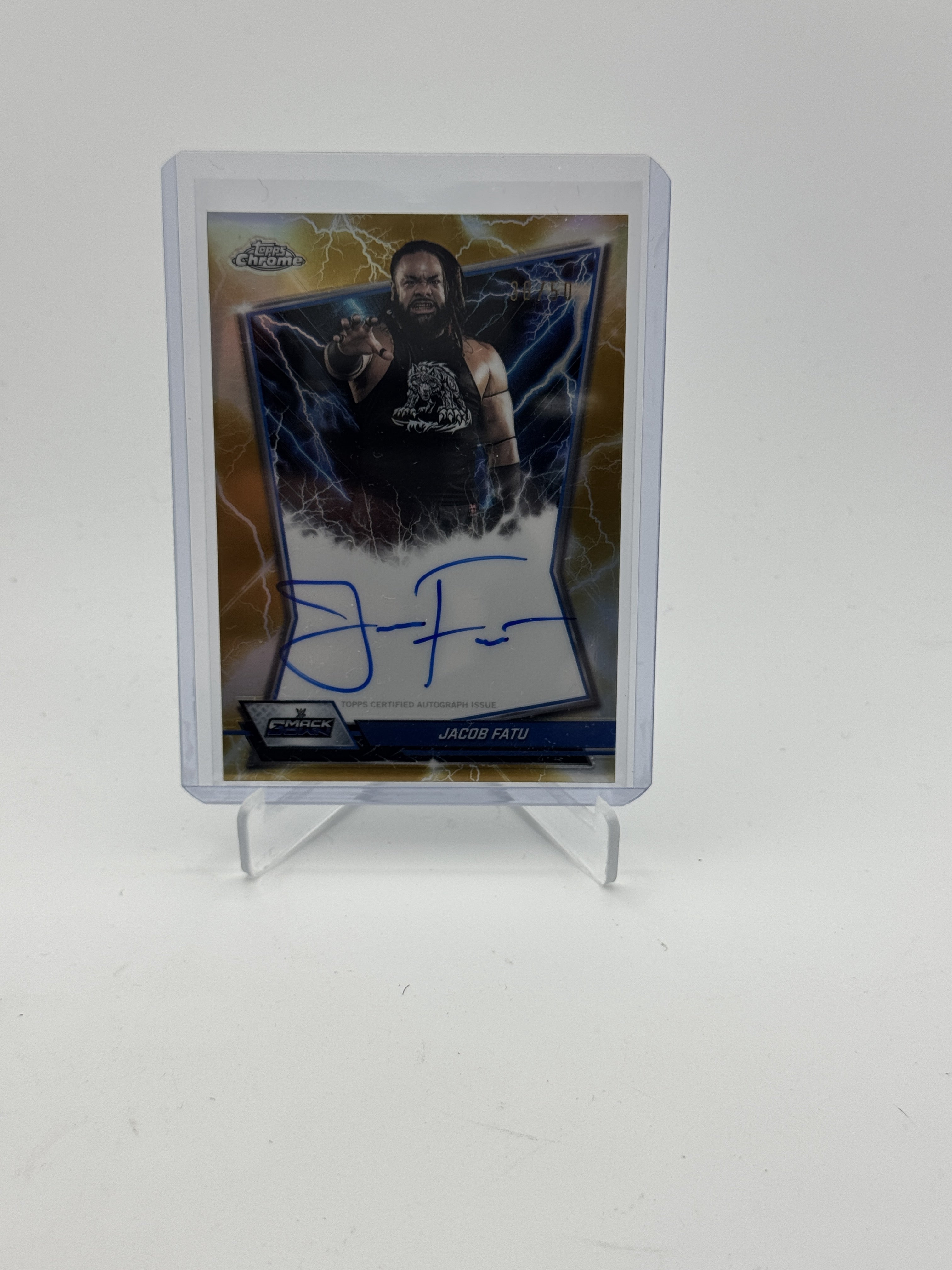 2025 Topps Chrome WWE #BBA-JAC Jacob Fatu Blue Brand Auto Gold Refractor #/50