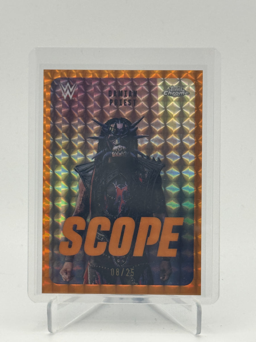 2026 Topps Chrome WWE Damian Priest Scope Orange Geo Refractor #/25