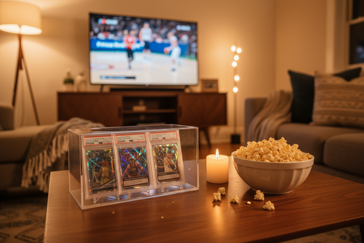 A cozy living room scene with warm lighting, featuring a wooden coffee table in the foreground with a clear protective display case containing graded PSA trading cards standing upright. Next to it, a white ceramic bowl filled with popcorn. In the soft-focus background, a flat-screen TV on a modern entertainment unit showing a sports game. A lit candle adds ambiance. The scene conveys a relaxing evening of enjoying a card collection at home. Photorealistic, warm color temperature, shallow depth of field, pro