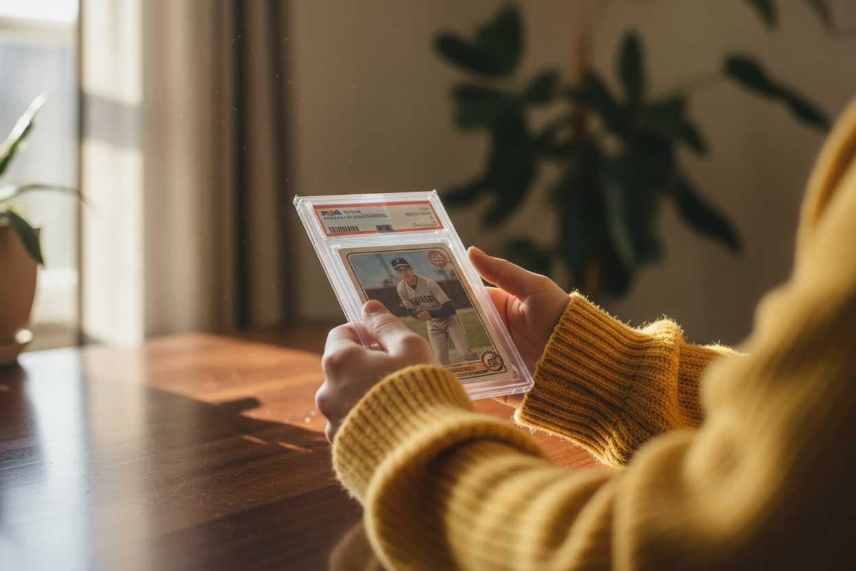 Hands in yellow sweater carefully handling PSA graded sports card, protective sleeve, dark table surface, warm natural lighting from window, shallow depth of field, cinematic close-up